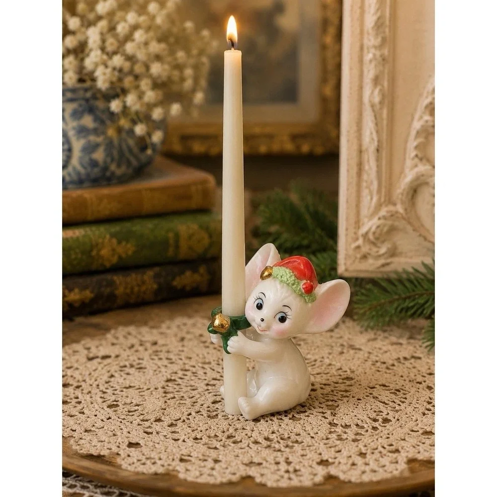 Vintage Napcoware Christmas Mouse Candle Hugger Holder Wreath Red Hat Tree 2